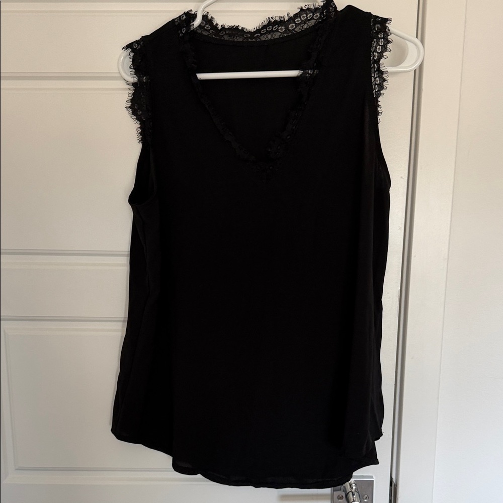 Black Lace-Trim Sleeveless V-Neck Top